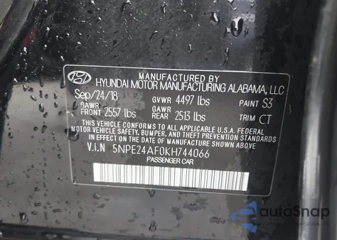 2019 Hyundai Sonata Se z USA, uszkodzony, nr VIN 5NPE24AF0KH744066